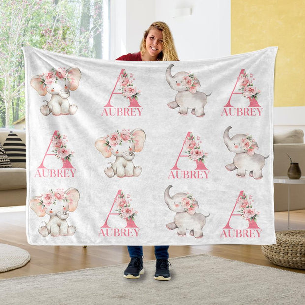 Customized Initial & Name Pink Floral Elephant Fleece Blankets - BUY 2 GET 10% OFF