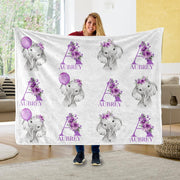 Customized Initial & Name Purple Floral Elephant Fleece Blankets - BUY 2 GET 10% OFF