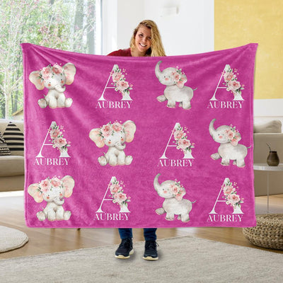 Customized Name Cute Floral Elephant Blankets Passion Pink - BUY 2 GET 10% OFF
