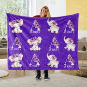 Customized Name Cute Floral Elephant Blankets Purple - BUY 2 GET 10% OFF