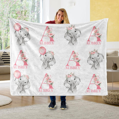 Personalized Initial & Name Pink Floral Elephant Fleece Blankets - BUY 2 GET 10% OFF