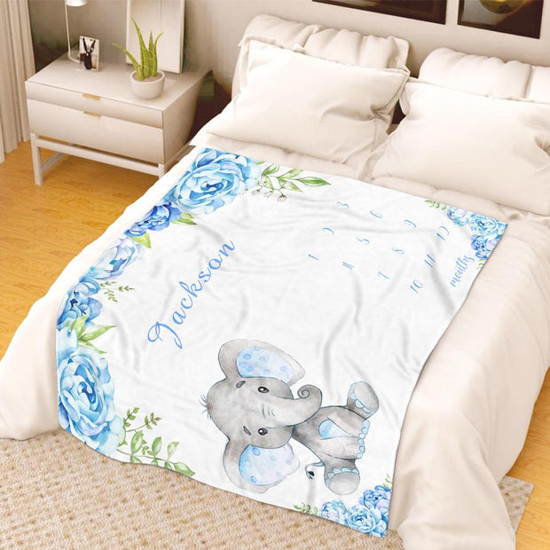 Personalized Name Baby Boy Elephant Fleece Blankets with Blue Flowers Milestone Blanket