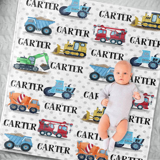 Personalized Name Trucks Fleece Blankets, Birthday Gifts, Baby Nursery Decor