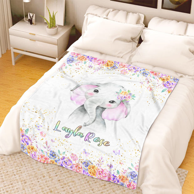 Personalized Name Baby Elephant Fleece Blankets with Rose Flowers