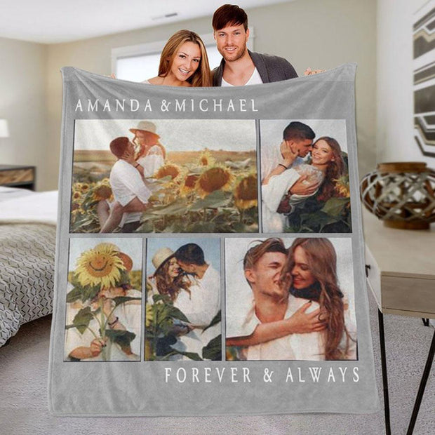 Personalized Forvever & Always Photo Fleece Blanket, Custom Valentine's Day Gift, Customized Wedding Anniversary Gift