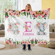 Custom Initial & Name Pink Floral Elephant Blankets