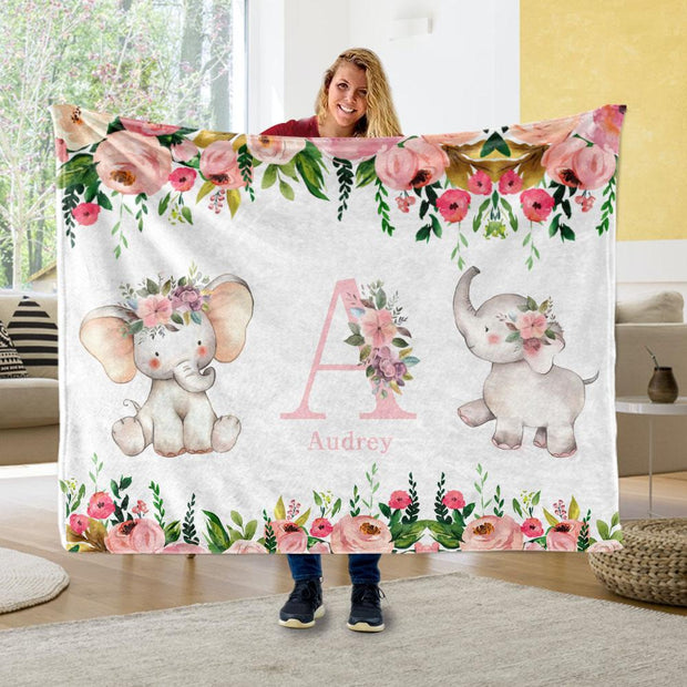 Personalized Initial & Name Pink Floral Elephant Blankets