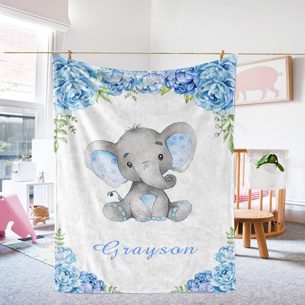 Personalized Name Baby Elephant Fleece Blankets with Blue Flowers