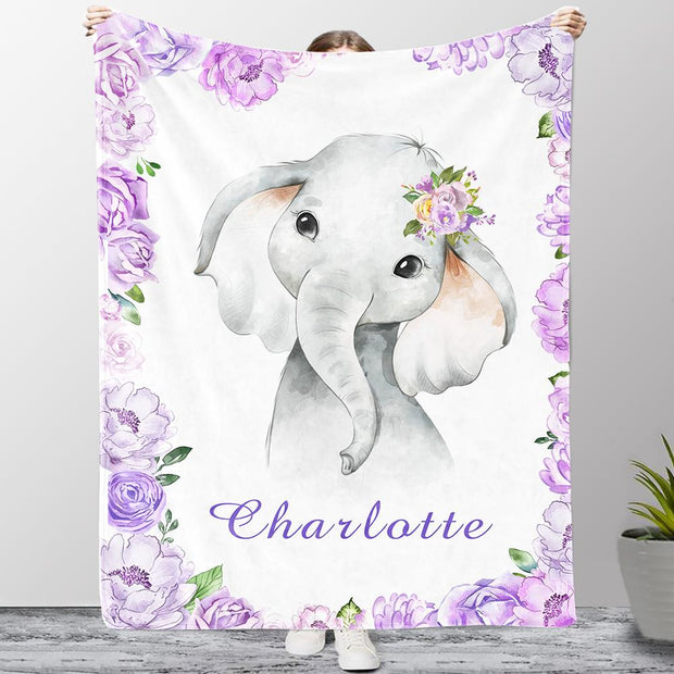 Personalized Name Baby Elephant Fleece Blankets with Pink Flowers