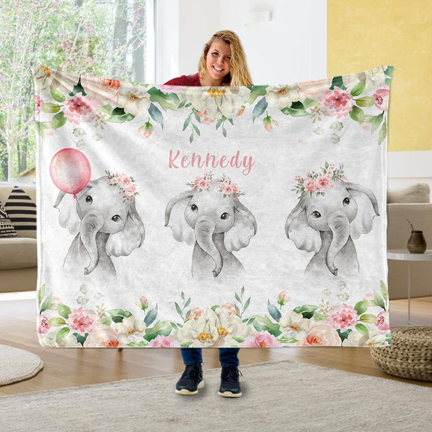 Custom Name Pink Floral Elephant Blankets