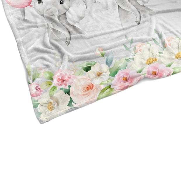 Custom Name Pink Floral Elephant Blankets