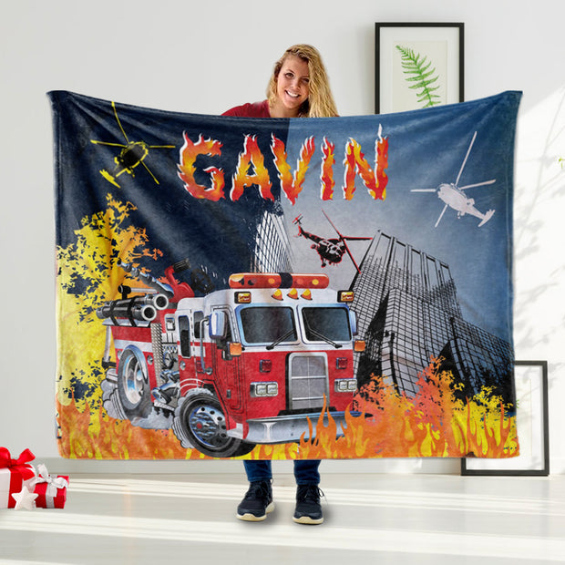 Personalized Fire Truck Name Blanket, Baby Blanket for Fire Fighter Boy, Funny Boy Name Blanket