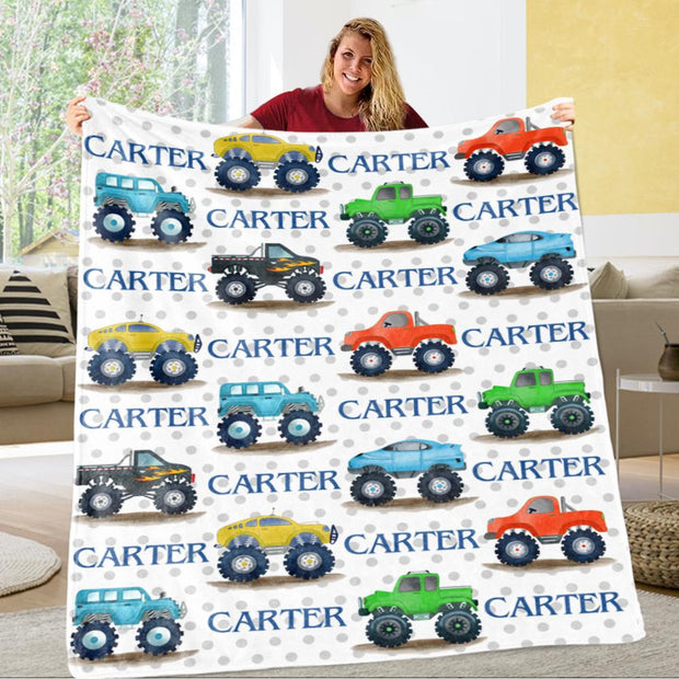 Personalized Name Monster Trucks Fleece Blankets, Birthday Gifts, Baby Gift, Baby Nursery Decor