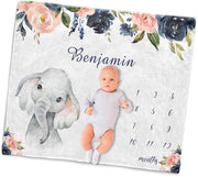 Personalized Name Baby Boy Elephant Fleece Blankets with Navy Flowers Milestone Blanket