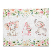 Custom Initial & Name Pink Floral Elephant Blankets