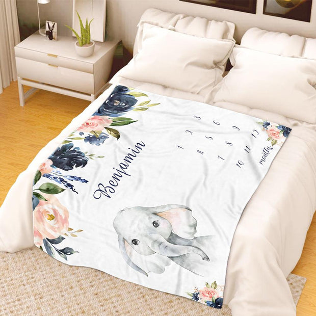 Personalized Name Baby Boy Elephant Fleece Blankets with Navy Flowers Milestone Blanket