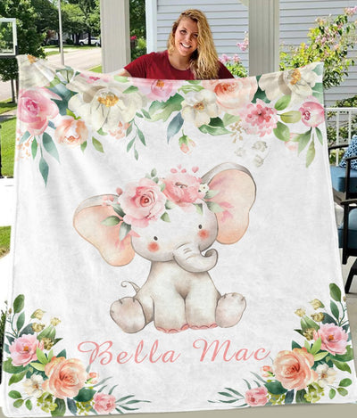 Custom Name Baby Elephant Fleece Blankets with Pink & White Flowers