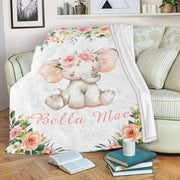 Custom Name Baby Elephant Fleece Blankets with Pink & White Flowers