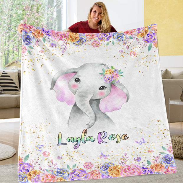 Personalized Name Baby Elephant Fleece Blankets with Rose Flowers
