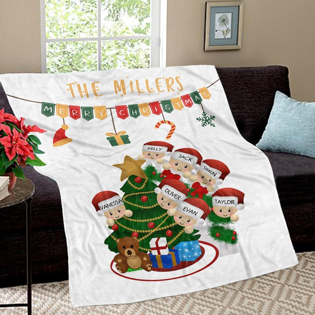 Personalized Christmas Tree and Hat Family Member's Name Fleece Blanket II