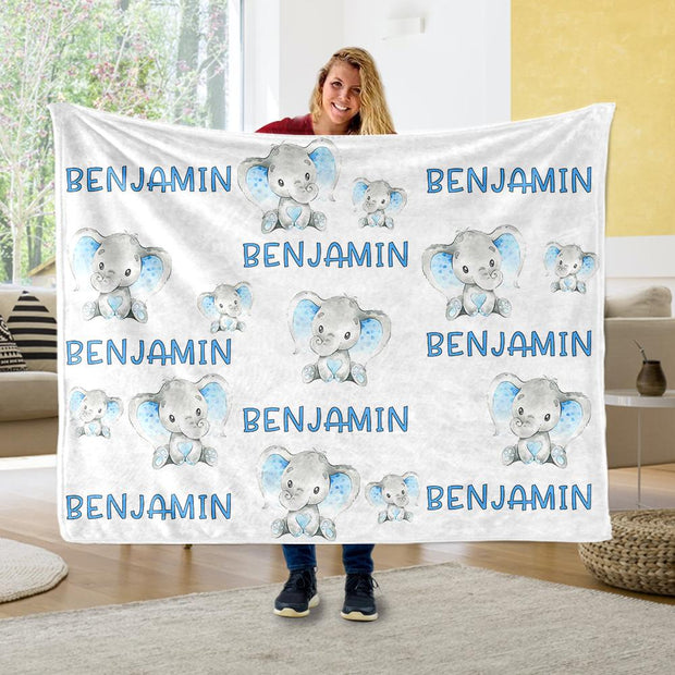 Personalized Name Baby Elephant Fleece Blankets
