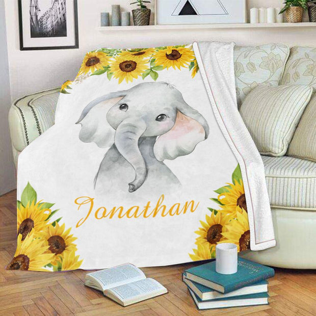 Personalized Name Baby Boy Fleece Blankets with Sunflower Elephant
