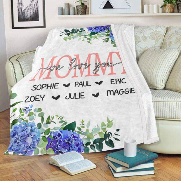 Custom Blue Floral Cozy Plush Fleece Blankets with Your Nick & Kids' Names - BUY 2 SAVE 10%