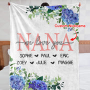 Custom Blue Floral Cozy Plush Fleece Blankets with Your Nick & Kids' Names - BUY 2 SAVE 10%