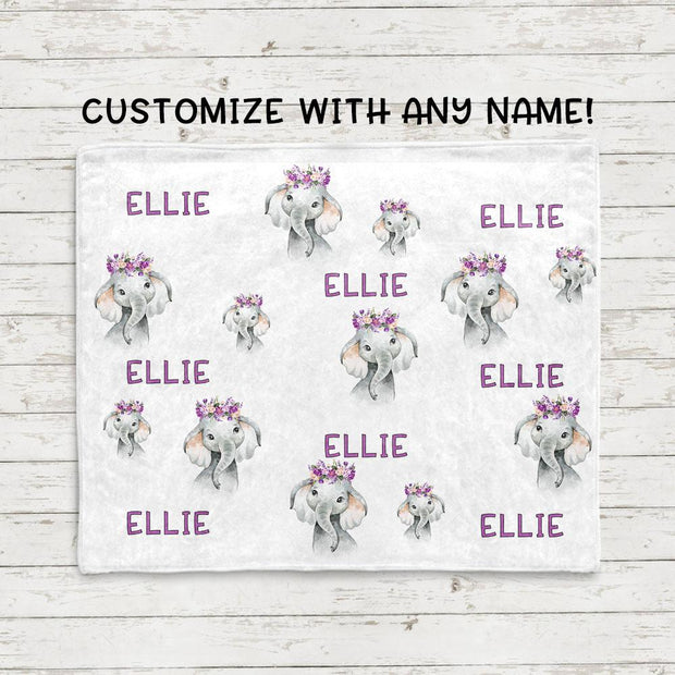 Custom Name Purple Floral Elephant Fleece Blankets