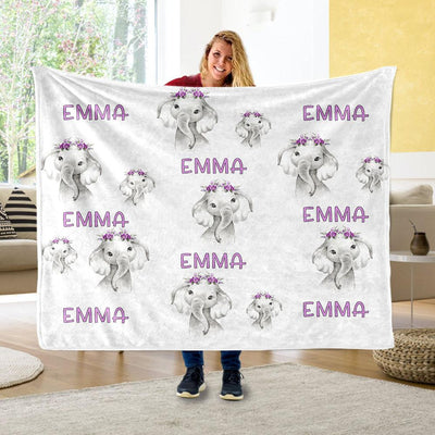 Personalized Name Purple Floral Elephant Fleece Blankets