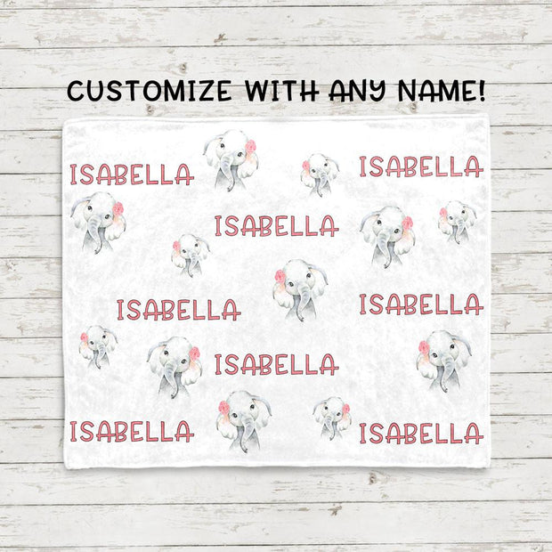 Personalized Name Pink Floral Elephant Fleece Blankets