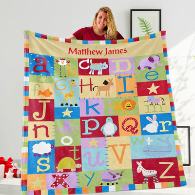 Kids Animal Alphabet - Personalized Custom Fleece Blankets with Your Child's Name - Medium and Large Sizes-001