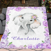 Personalized Name Baby Elephant Fleece Blankets with Pink Flowers