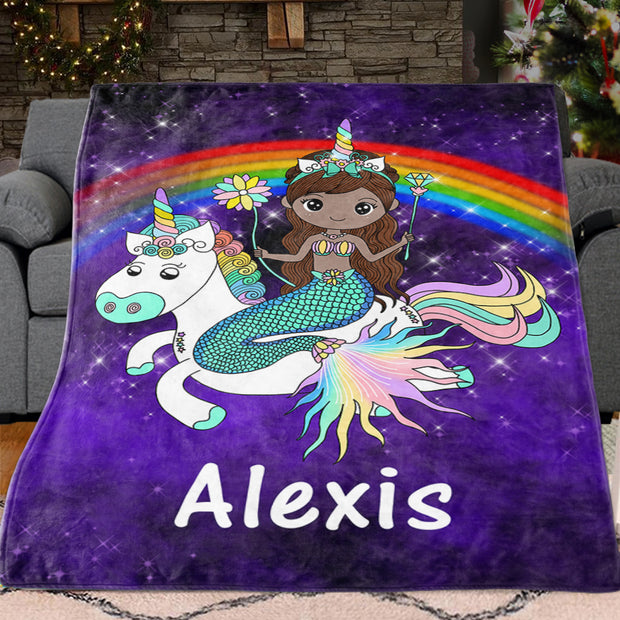 Custom Mermaid & Rainbow Unicorn Cozy Plush Fleece Blanket II